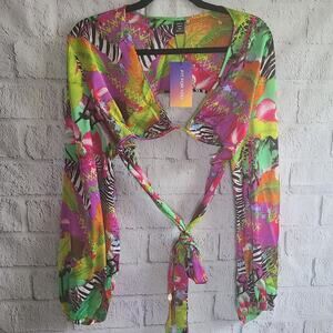 SHEIN Sexy Curve Animal Print Colorful Tie Blouse Size 2XL NWT